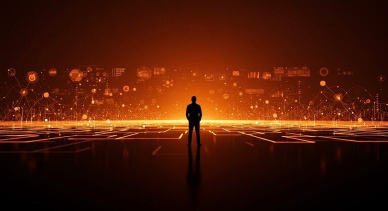 Líder frente a un horizonte digital que simboliza el internet post-americano, soberanía digital e interoperabilidad para startups LATAM.