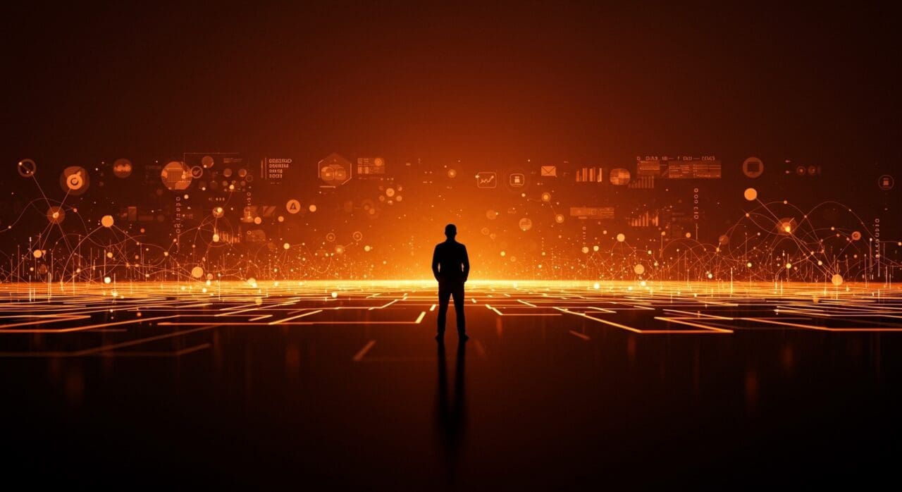 Líder frente a un horizonte digital que simboliza el internet post-americano, soberanía digital e interoperabilidad para startups LATAM.