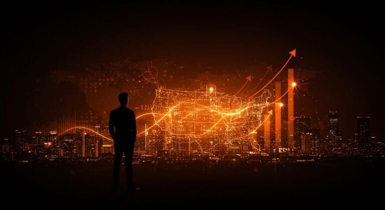 Crecimiento de inversión global en startups impulsada por inteligencia artificial y Estados Unidos, simbolizado por una silueta emprendedora frente a un paisaje digital luminoso.