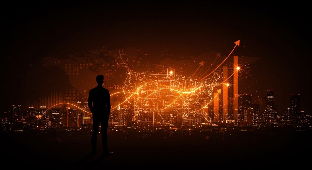 Crecimiento de inversión global en startups impulsada por inteligencia artificial y Estados Unidos, simbolizado por una silueta emprendedora frente a un paisaje digital luminoso.