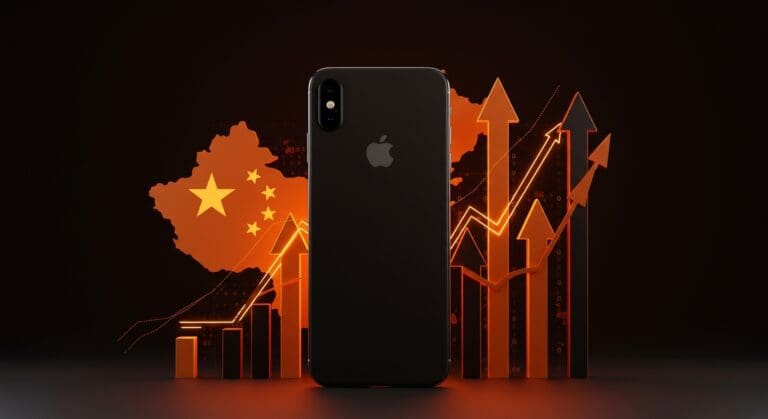 iPhone destacándose con mapas digitales de China e India, simbolizando récord de ventas y crecimiento tecnológico de Apple.