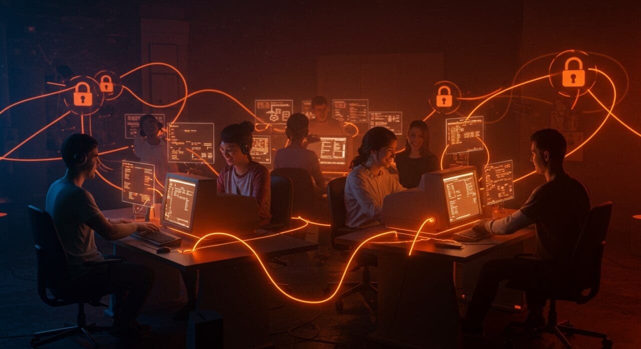 Comunidades digitales auténticas inspiradas en IRC mostrando interacciones seguras y colaborativas en un entorno tecnológico.