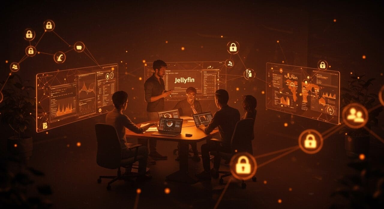 Colaboración de founders en entorno tecnológico destacando Jellyfin, software open source y claves SaaS para servidores multimedia seguros y multiplataforma.