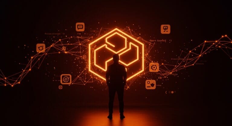 Silhouette de Joe Mancuso con el logo futurista de Masonite iluminado, representando su legado en la comunidad open source de Python y la inspiración para la comunidad tech hispana.