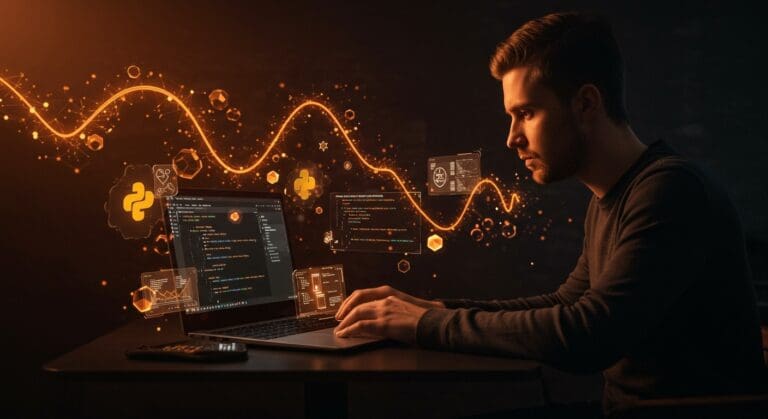 Desarrollador utilizando IA para testing unitario y detección de bugs en Python con VS Code, destacando automatización y calidad de software para startups.
