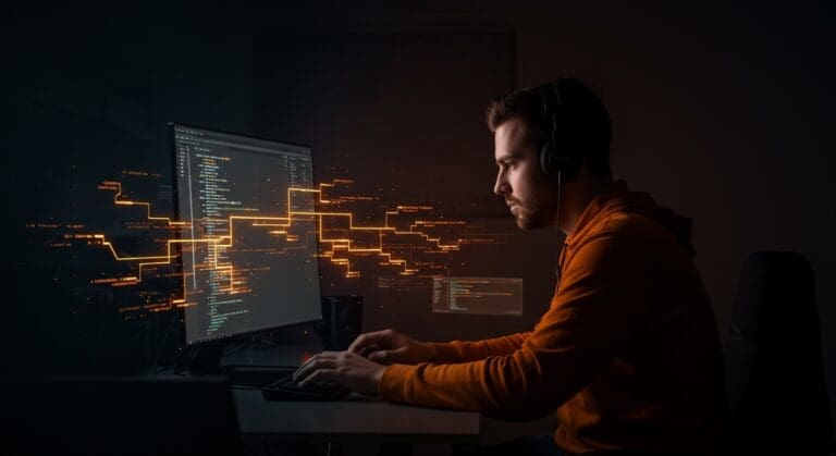 Automatización visual de ramas en Git desde terminal destacada con visualizaciones dinámicas y colores naranja y negro para entornos DevOps.