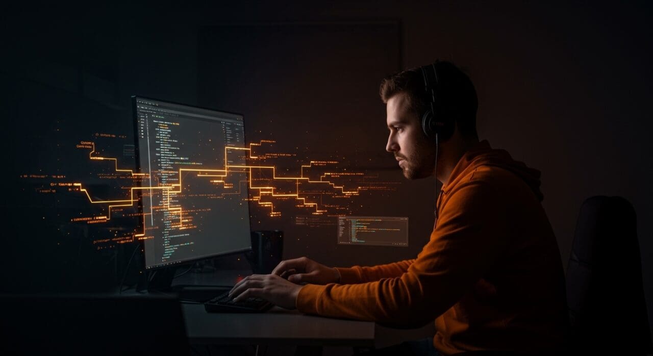Automatización visual de ramas en Git desde terminal destacada con visualizaciones dinámicas y colores naranja y negro para entornos DevOps.