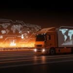 Camión autónomo avanzando en carretera futurista simbolizando la alianza estratégica de Kodiak y Bosch en tecnología automotriz.