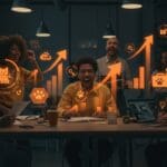 Cohorte de startups de mascotas colaborando en espacio moderno con gráficos digitales, representando mentoría y financiamiento en pet tech.