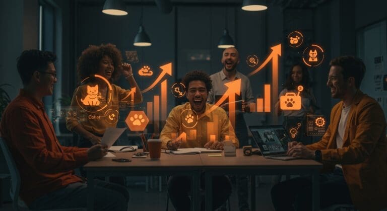 Cohorte de startups de mascotas colaborando en espacio moderno con gráficos digitales, representando mentoría y financiamiento en pet tech.