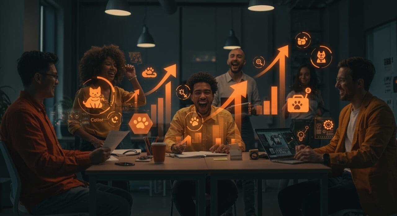 Cohorte de startups de mascotas colaborando en espacio moderno con gráficos digitales, representando mentoría y financiamiento en pet tech.