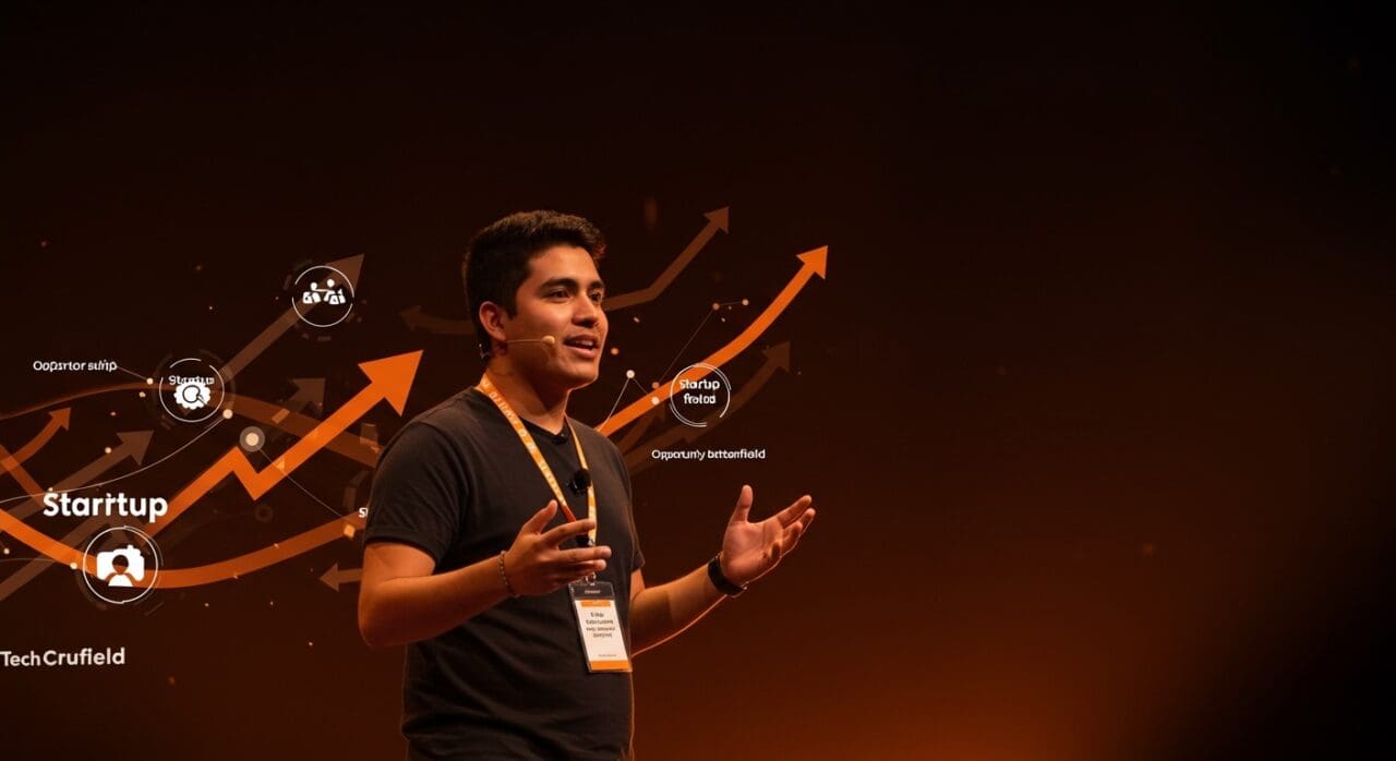 Founder hispano exitoso presentando en Startup Battlefield 2025, destacando claves de pitching y mentoría en Ecosistema Startup.