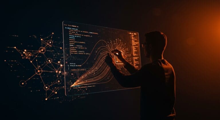 Lenguaje de programación optimizado para IA avanzada y LLMs, mostrando un fundador tech trabajando en automatización y software asistido por inteligencia artificial.