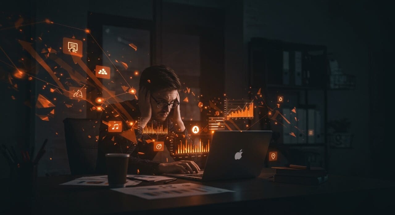 Fundador de startup Lifecole en crisis financiera rodeado de símbolos de educación online y capital riesgo, representando el concurso de acreedores en Barcelona.