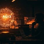 Silhueta de fundador tecnológico frente a una red neuronal brillante simbolizando la Inteligencia Artificial General y su impacto en startups y tendencias tecnológicas.