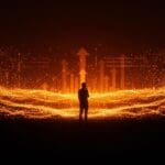 Fundador tecnológico frente a un horizonte digital simbólico de LLMs y confianza en inteligencia artificial dentro del ecosistema startup.