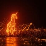 Imagen editorial cinematográfica de unicornio tecnológico simbolizando la valoración de 1.7B dólares de LMArena y el éxito en funding para startups de IA.