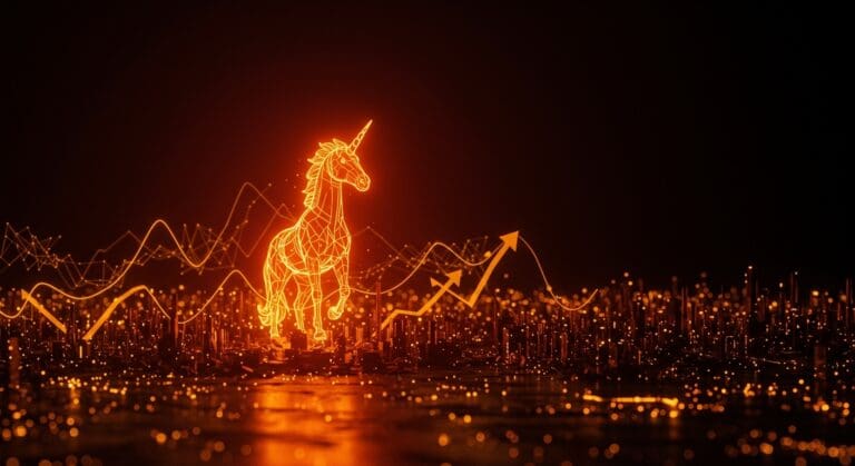 Imagen editorial cinematográfica de unicornio tecnológico simbolizando la valoración de 1.7B dólares de LMArena y el éxito en funding para startups de IA.