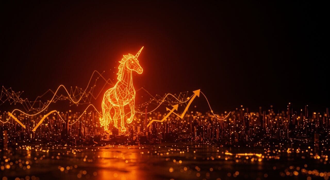 Imagen editorial cinematográfica de unicornio tecnológico simbolizando la valoración de 1.7B dólares de LMArena y el éxito en funding para startups de IA.