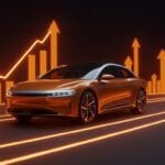 Lucid Motors Gravity SUV destacando innovación y aumento en producción de vehículos eléctricos en 2025 con diseño futurista y colores naranjas y negros.