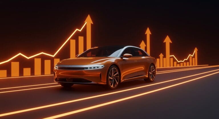 Lucid Motors Gravity SUV destacando innovación y aumento en producción de vehículos eléctricos en 2025 con diseño futurista y colores naranjas y negros.