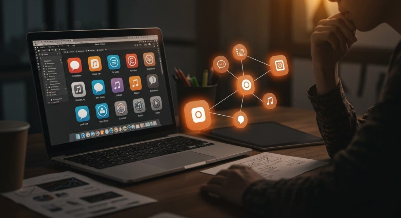 Análisis de diseño UI y usabilidad en macOS Tahoe con iconos rediseñados en entorno de trabajo de startup.