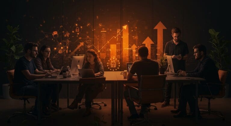 Startups de ciberseguridad en Madrid colaborando en un espacio tecnológico innovador impulsado por INCIBE y fondos europeos.