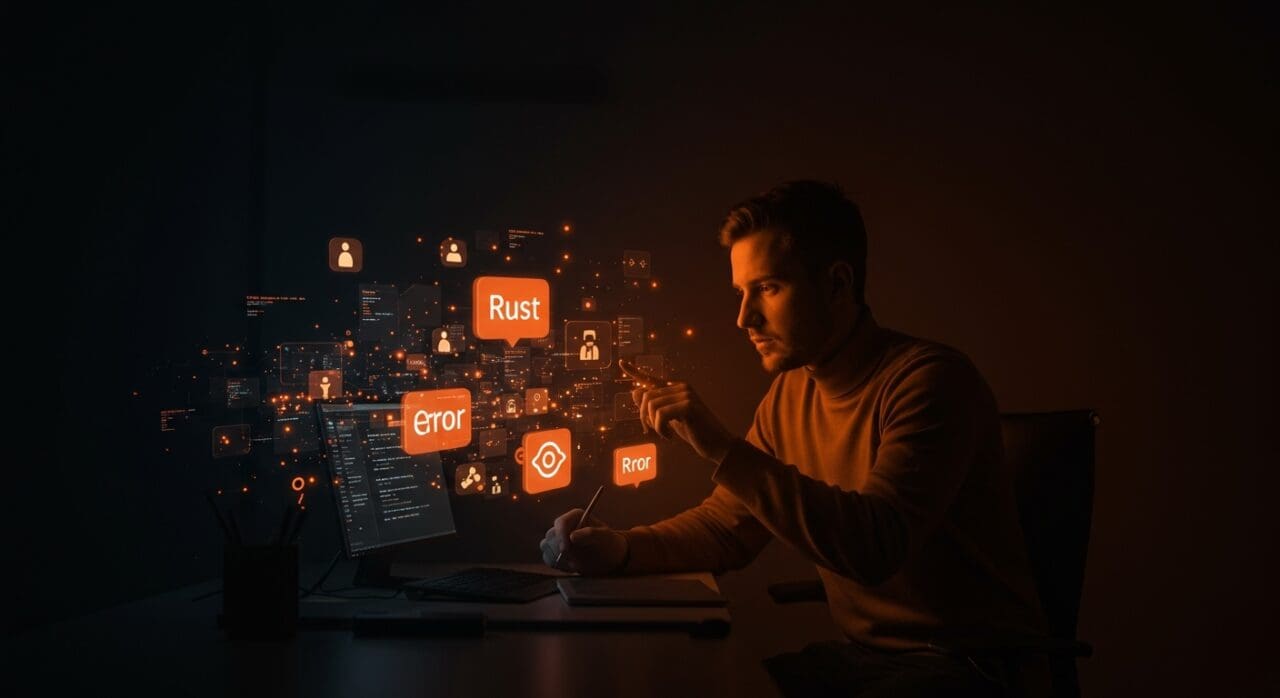 Manejo de errores en Rust para SaaS representado por desarrollador diseñando errores programáticos con símbolos abstractos y flujos digitales en paleta naranja y negro.