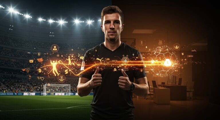 Mario Götze transicionando de campeón mundial de fútbol a inversor ángel en startups tecnológicas, destacando inversión ángel y diversificación en el ecosistema tech.