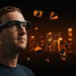 Mark Zuckerberg con gafas inteligentes en un ambiente futurista representando innovación tecnológica y tendencias en LATAM.