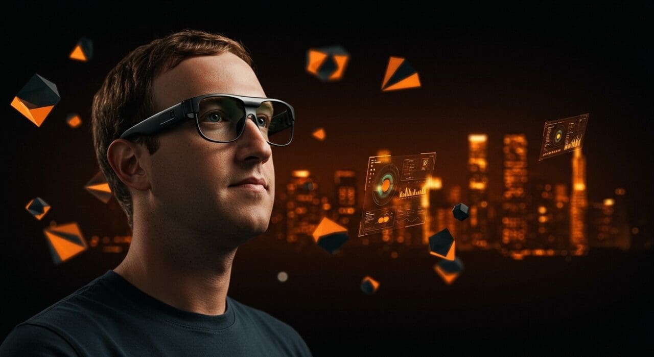 Mark Zuckerberg con gafas inteligentes en un ambiente futurista representando innovación tecnológica y tendencias en LATAM.