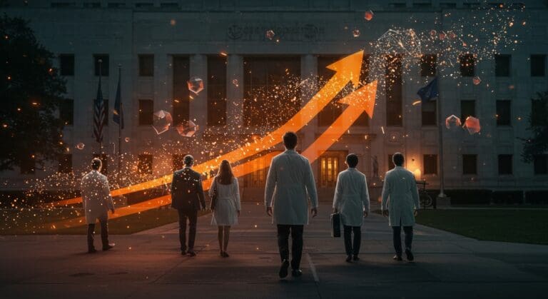 Doctores en STEM dejando el sector público de EE.UU., simbolizando cambios en el talento e innovación en el mercado laboral y startups.