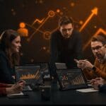 Mentorización y gestión de talento en startups representada con emprendedores colaborando y símbolos abstractos de crecimiento y retención de talento en ecosistema startup.