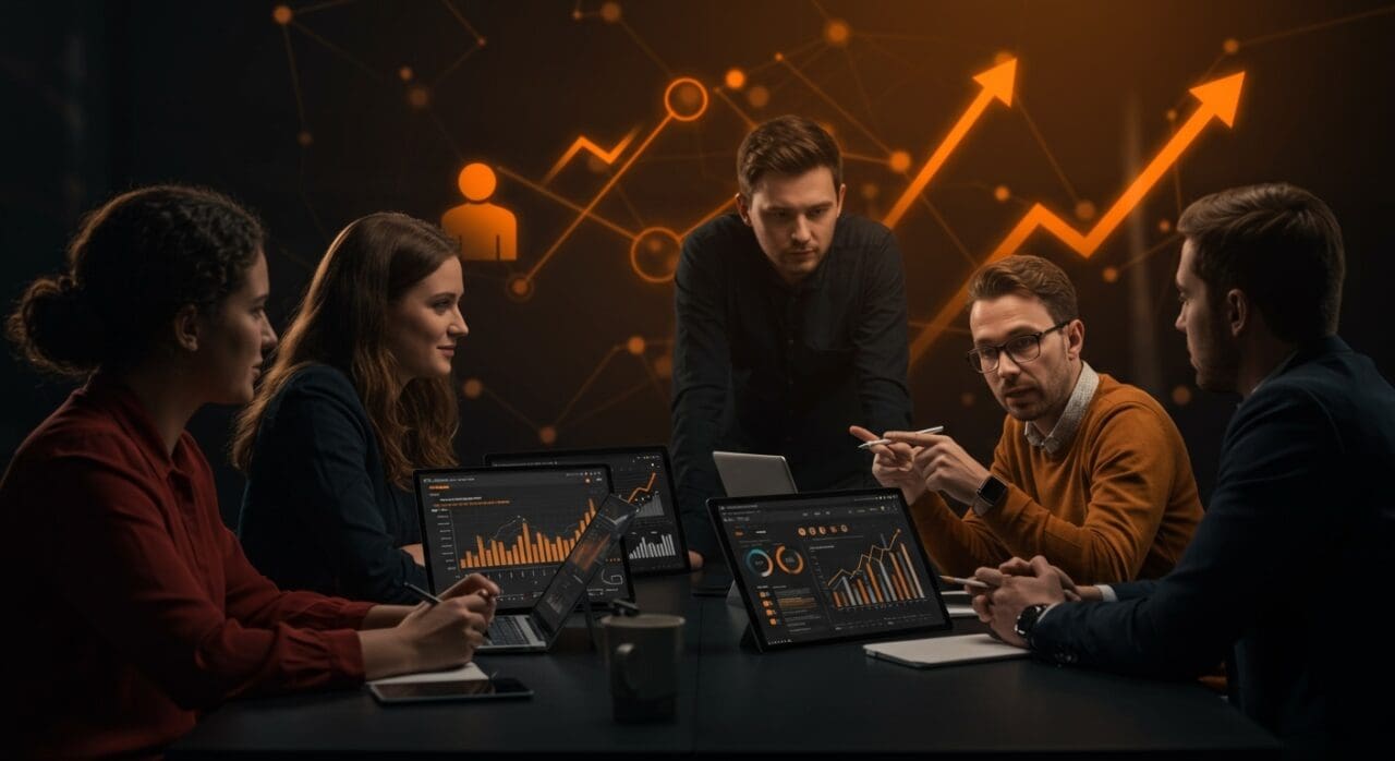 Mentorización y gestión de talento en startups representada con emprendedores colaborando y símbolos abstractos de crecimiento y retención de talento en ecosistema startup.