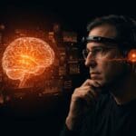 Sam Altman con una interfaz cerebro-computadora futurista y elementos visuales de inteligencia artificial, destacando la innovación de Merge Labs en tecnología BCI y tendencias de startups.