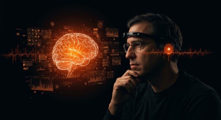 Sam Altman con una interfaz cerebro-computadora futurista y elementos visuales de inteligencia artificial, destacando la innovación de Merge Labs en tecnología BCI y tendencias de startups.