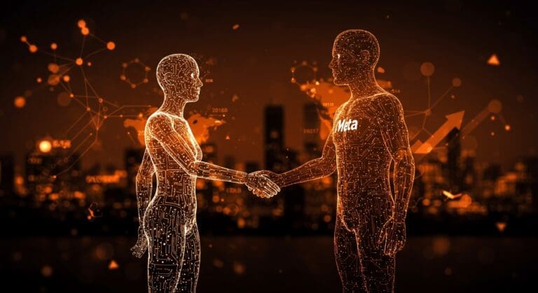 Adquisición de Manus por Meta representada por un agente de IA digital y una figura corporativa con símbolos de inteligencia artificial y crecimiento tecnológico.