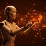 Ilustración de un agente autónomo de inteligencia artificial interactuando con interfaces holográficas, simbolizando la automatización y la innovación tecnológica de Meta y Manus.