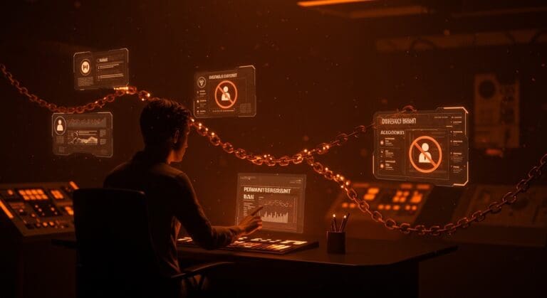 Figura de fundador de plataforma frente a panel digital de gobernanza y bans permanentes en Meta, simbolizando tendencias en gobernanza digital y regulación plataformas.