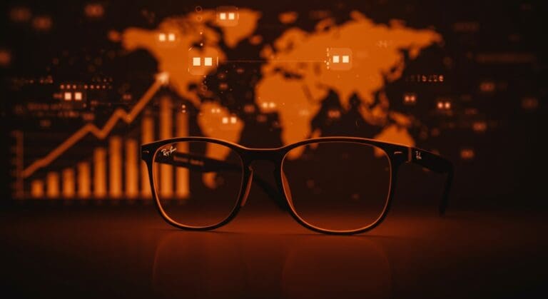 Gafas inteligentes Ray-Ban Display de Meta con iluminación naranja y metáfora visual de expansión internacional detenida por alta demanda y falta de stock.
