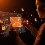 Ilustración futurista sobre Microsoft Autodiscover y seguridad en configuración de correo para startups SaaS.