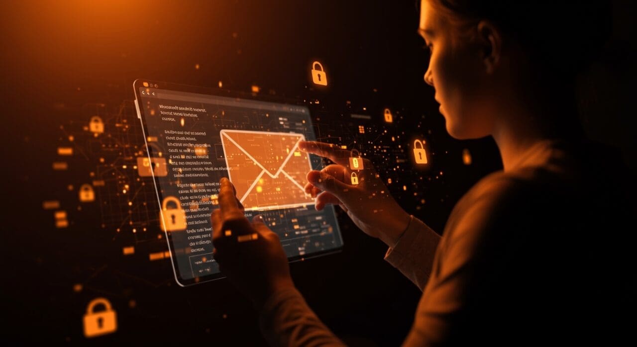 Ilustración futurista sobre Microsoft Autodiscover y seguridad en configuración de correo para startups SaaS.
