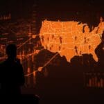 Migración neta negativa en Estados Unidos visualizada con flechas descendentes y mapa digital, resaltando impacto económico y oportunidades para startups LATAM.