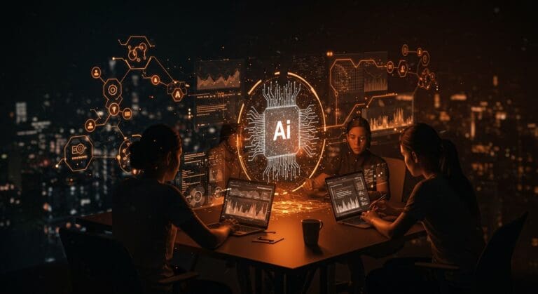 Equipo de startup colaborando en herramienta AI MiroThinker 1.5, mostrando automatización eficiente y modelos de lenguaje avanzados.