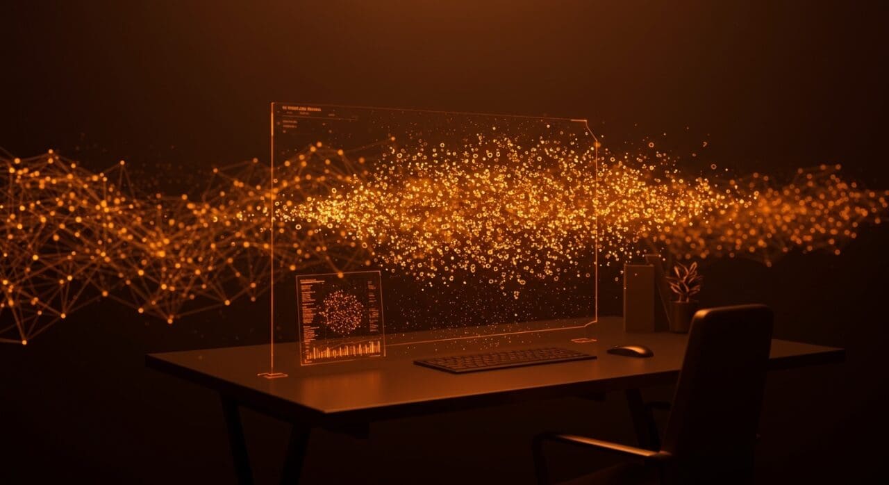 Visualización futurista de Recursive Language Models del MIT procesando millones de tokens para IA aplicada y automatización tecnológica.