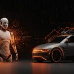 Robótica humanoide e inteligencia artificial destacadas en un entorno tecnológico con iluminación naranja y negra, representando la innovación y la inversión de Mobileye en startups.