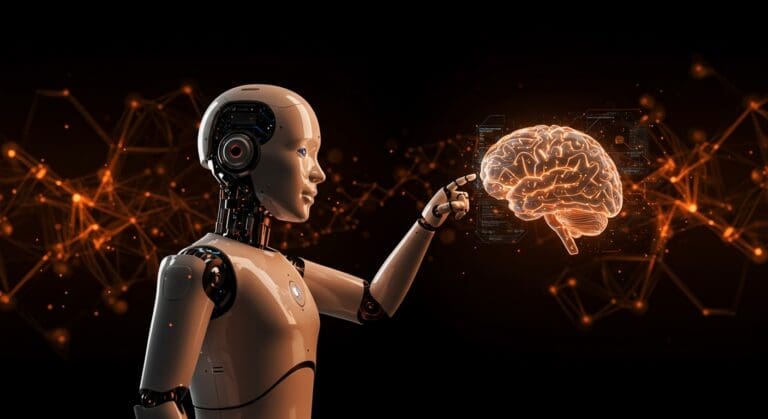 Robot humanoide interactuando con interfaz digital que representa Mobileye y Mentee Robotics en robótica e IA aplicada para startups LATAM.