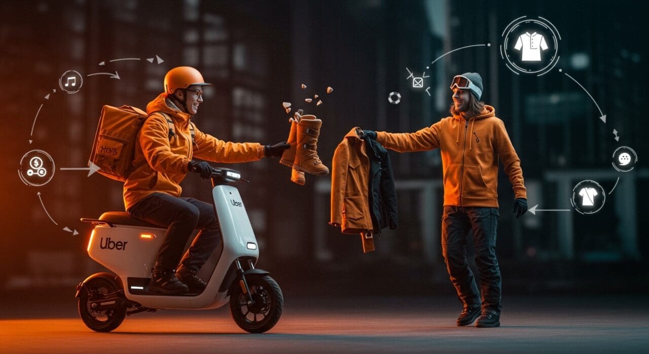 Entrega de ropa de esquí en alquiler colaborativo entre By Rotation y Uber, innovando logística y movilidad en moda.