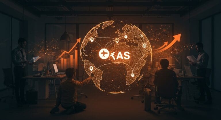 Equipo colaborando en plataforma SaaS que digitaliza agencias de viaje con enfoque en turismo e inversión tecnológica.