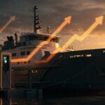 Buque eléctrico moderno junto a estación de carga avanzada, simbolizando tecnología limpia e inversión en startups en transporte marítimo sostenible.